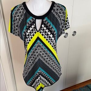 Beige by eci Black Short-Sleeve Keyhole Top with Lime and Teal Accents